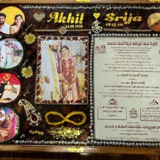 Akhil and Srija wedding frame with varamala, photos and invitation in resin