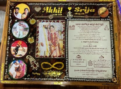 Akhil and Srija wedding frame with varamala, photos and invitation in resin