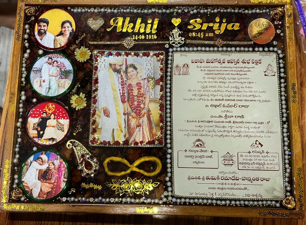 Wedding frame with varamala, photos and invitation in resin