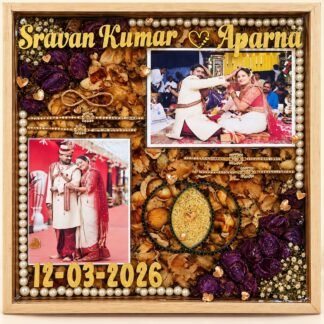 Sravan Kumar and Aparna varamala preserved in a wooden resin frame with wedding photos