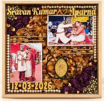 Sravan Kumar and Aparna varamala preserved in a wooden resin frame with wedding photos