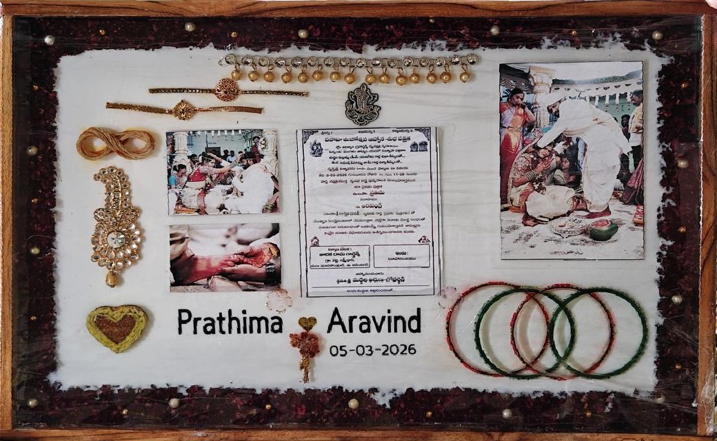 Wedding card, photos and bangles preserved in a wooden resin frame