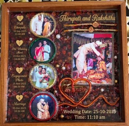 Wedding memory frame in resin with photos and preserved flowers